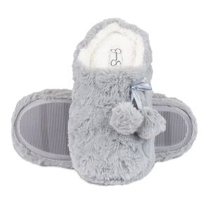 Jessica Simpson Plush Slip-On Memory Foam Slipper with Hearts + Pom Poms M Gray
